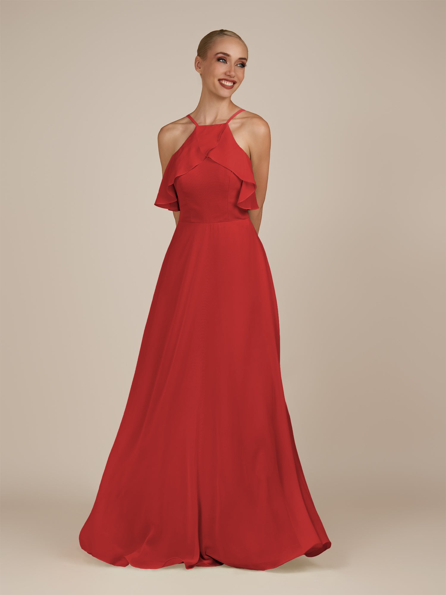 KissDress-Wynne Ruby Red A Line Chiffon Halter Neck Ruffled Overlay Long Bridesmaid Dress
