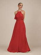 KissDress-Wynne Ruby Red A Line Chiffon Halter Neck Ruffled Overlay Long Bridesmaid Dress