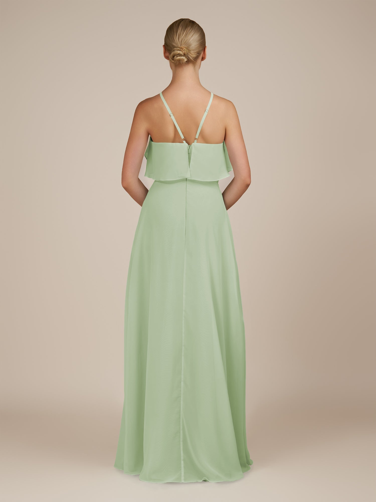 KissDress-Wynne Sage A Line Chiffon Halter Neck Ruffled Overlay Long Bridesmaid Dress