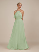 KissDress-Wynne Sage A Line Chiffon Halter Neck Ruffled Overlay Long Bridesmaid Dress
