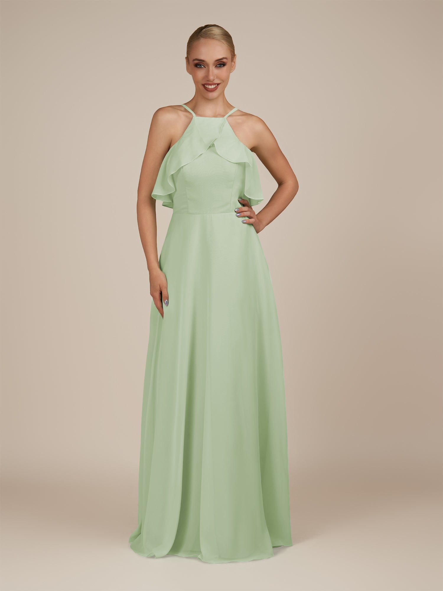 KissDress-Wynne Sage A Line Chiffon Halter Neck Ruffled Overlay Long Bridesmaid Dress
