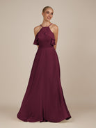 KissDress-Wynne Sangria A Line Chiffon Halter Neck Ruffled Overlay Long Bridesmaid Dress