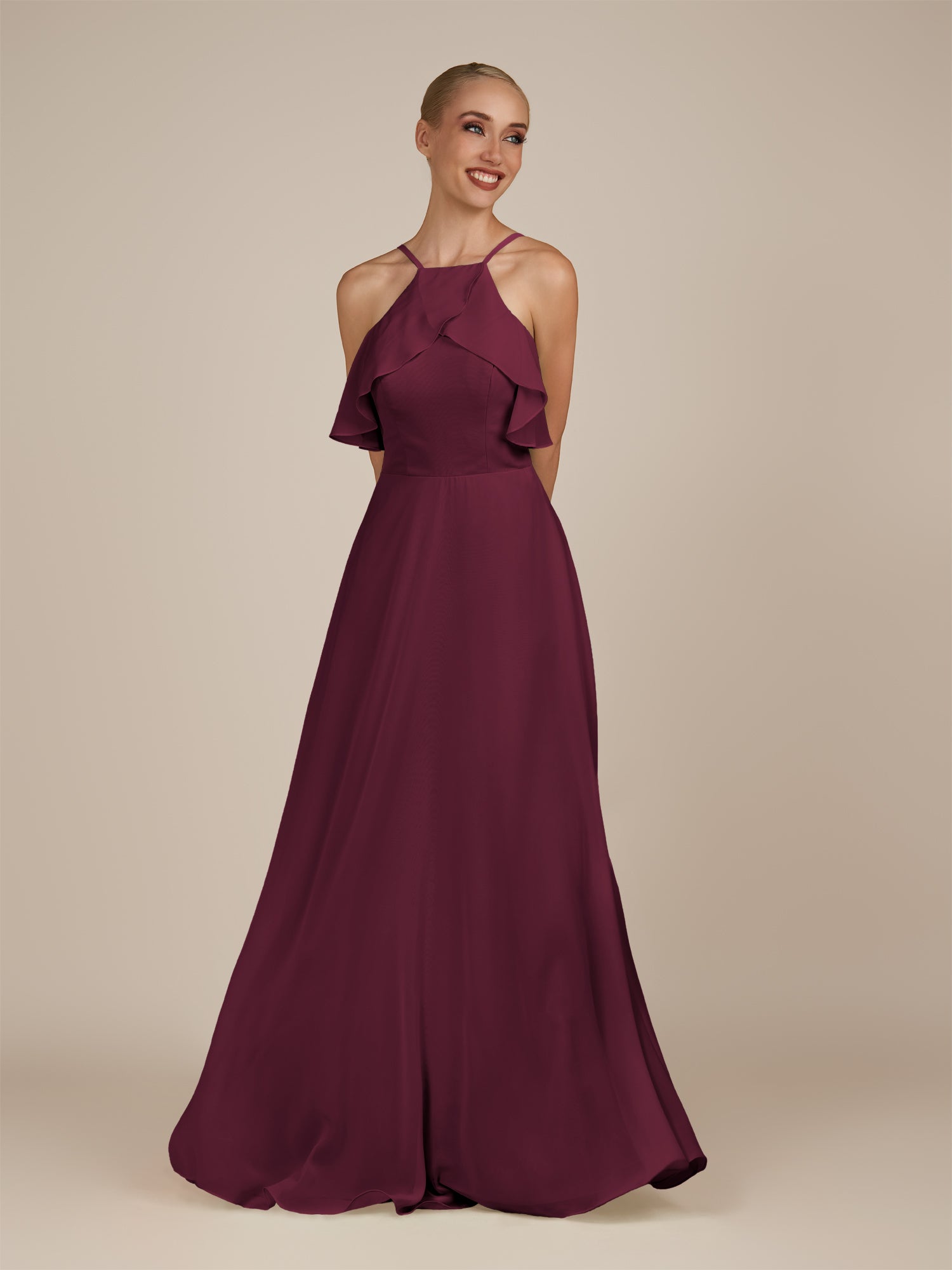 KissDress-Wynne Sangria A Line Chiffon Halter Neck Ruffled Overlay Long Bridesmaid Dress