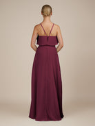 KissDress-Wynne Sangria A Line Chiffon Halter Neck Ruffled Overlay Long Bridesmaid Dress