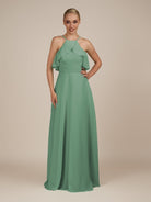 KissDress-Wynne Sea Glass A Line Chiffon Halter Neck Ruffled Overlay Long Bridesmaid Dress