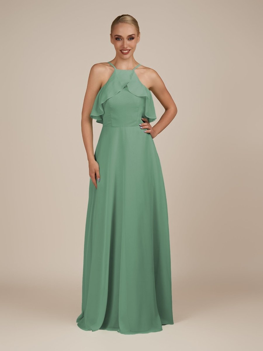KissDress-Wynne Sea Glass A Line Chiffon Halter Neck Ruffled Overlay Long Bridesmaid Dress