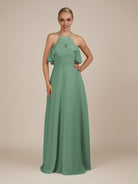 KissDress-Wynne Sea Glass A Line Chiffon Halter Neck Ruffled Overlay Long Bridesmaid Dress