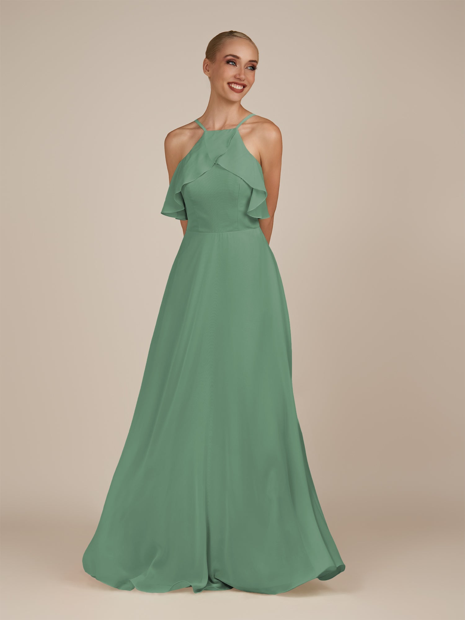 KissDress-Wynne Sea Glass A Line Chiffon Halter Neck Ruffled Overlay Long Bridesmaid Dress