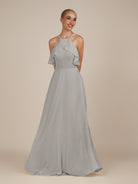 KissDress-Wynne Silver A Line Chiffon Halter Neck Ruffled Overlay Long Bridesmaid Dress