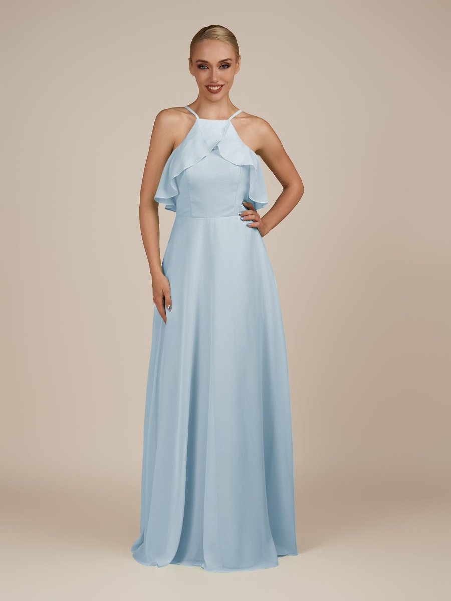 KissDress-Wynne Sky Blue A Line Chiffon Halter Neck Ruffled Overlay Long Bridesmaid Dress