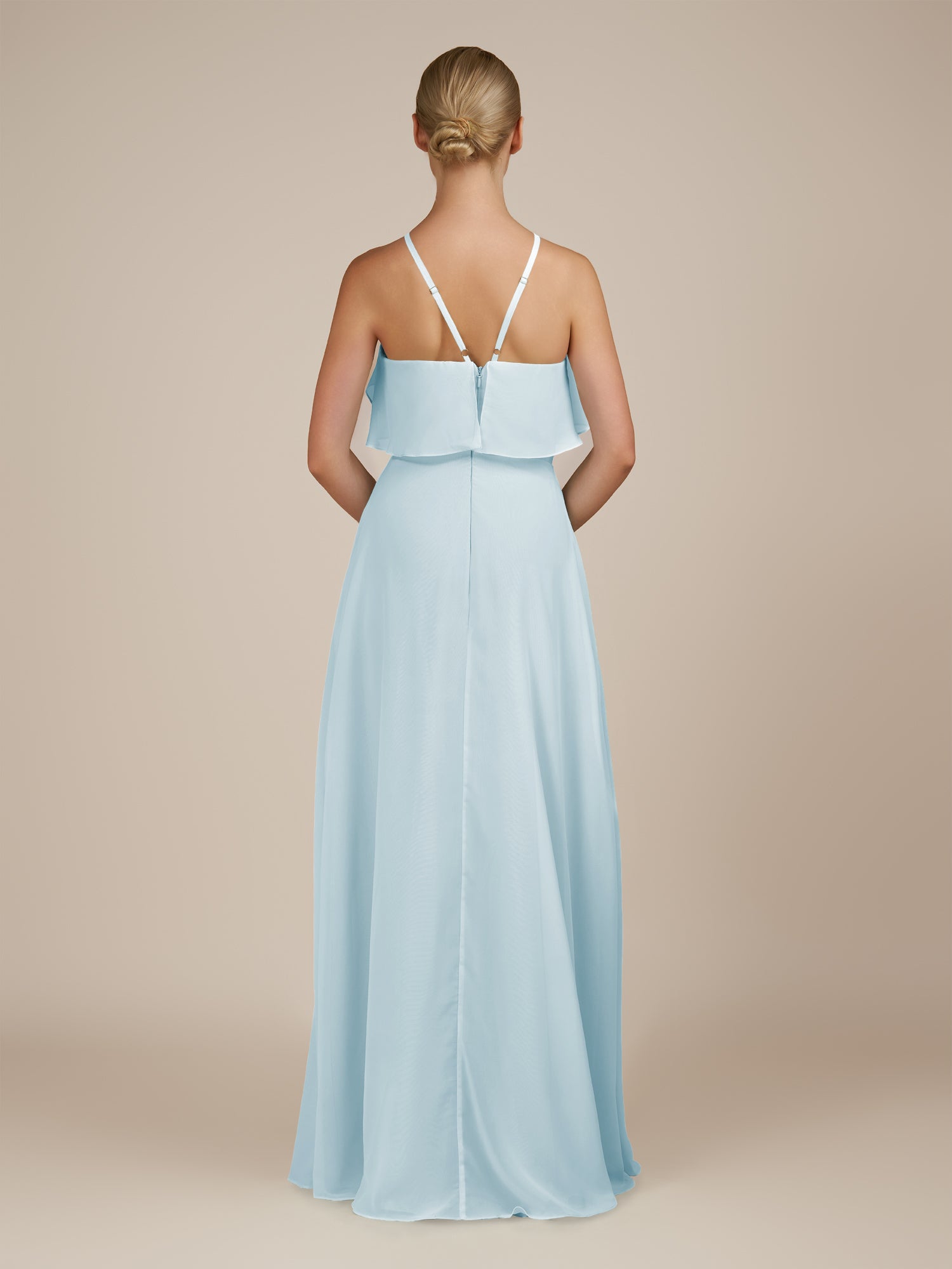 KissDress-Wynne Sky Blue A Line Chiffon Halter Neck Ruffled Overlay Long Bridesmaid Dress