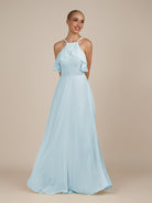 KissDress-Wynne Sky Blue A Line Chiffon Halter Neck Ruffled Overlay Long Bridesmaid Dress