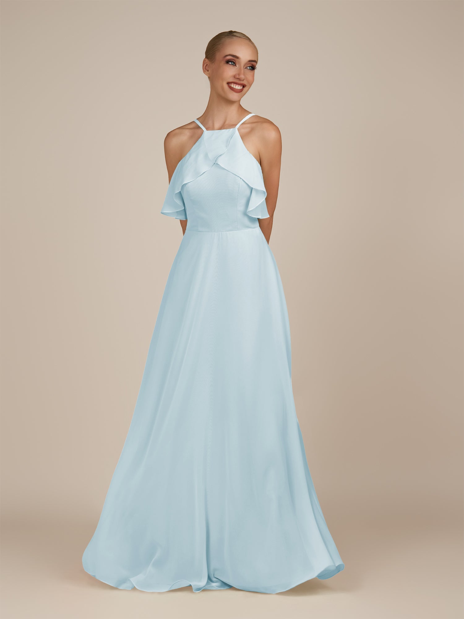 KissDress-Wynne Sky Blue A Line Chiffon Halter Neck Ruffled Overlay Long Bridesmaid Dress