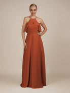 KissDress-Wynne Spice A Line Chiffon Halter Neck Ruffled Overlay Long Bridesmaid Dress