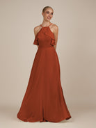 KissDress-Wynne Spice A Line Chiffon Halter Neck Ruffled Overlay Long Bridesmaid Dress