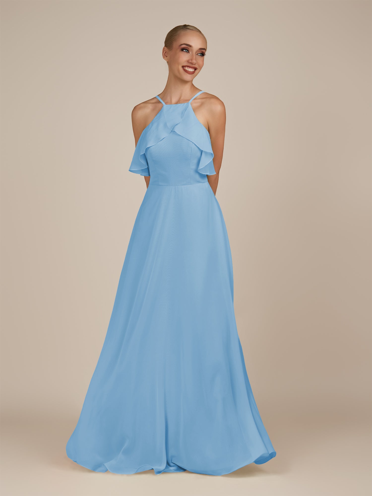 KissDress-Wynne Steel Blue A Line Chiffon Halter Neck Ruffled Overlay Long Bridesmaid Dress