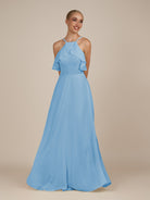 KissDress-Wynne Steel Blue A Line Chiffon Halter Neck Ruffled Overlay Long Bridesmaid Dress