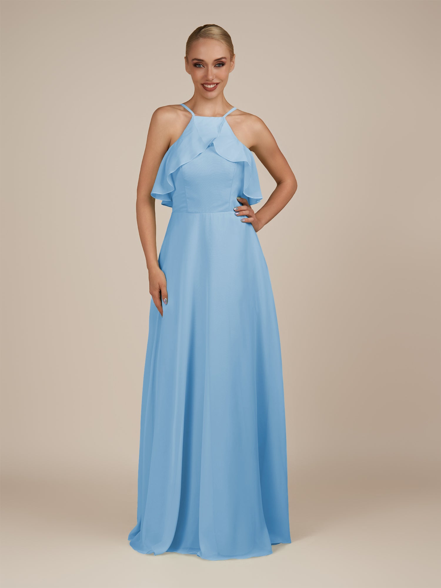 KissDress-Wynne Steel Blue A Line Chiffon Halter Neck Ruffled Overlay Long Bridesmaid Dress