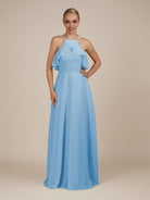 KissDress-Wynne Steel Blue A Line Chiffon Halter Neck Ruffled Overlay Long Bridesmaid Dress
