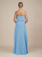 KissDress-Wynne Steel Blue A Line Chiffon Halter Neck Ruffled Overlay Long Bridesmaid Dress