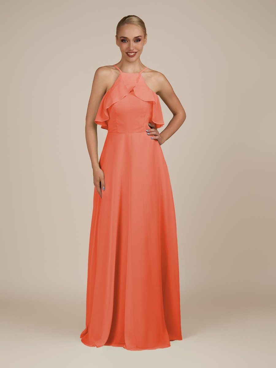 KissDress-Wynne Sunset A Line Chiffon Halter Neck Ruffled Overlay Long Bridesmaid Dress