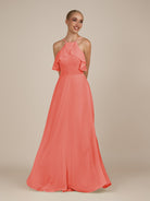 KissDress-Wynne Sunset A Line Chiffon Halter Neck Ruffled Overlay Long Bridesmaid Dress