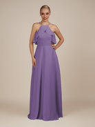 KissDress-Wynne Tahiti A Line Chiffon Halter Neck Ruffled Overlay Long Bridesmaid Dress