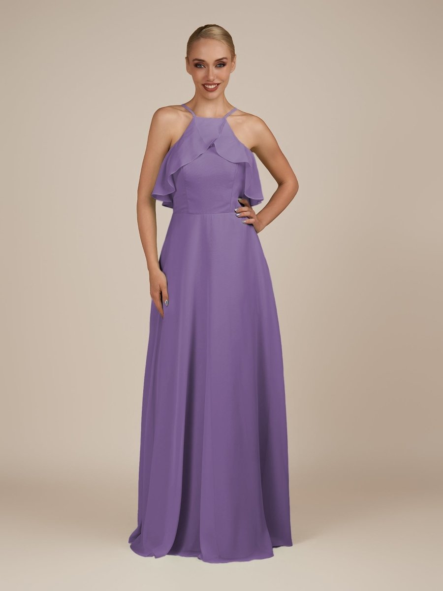 KissDress-Wynne Tahiti A Line Chiffon Halter Neck Ruffled Overlay Long Bridesmaid Dress