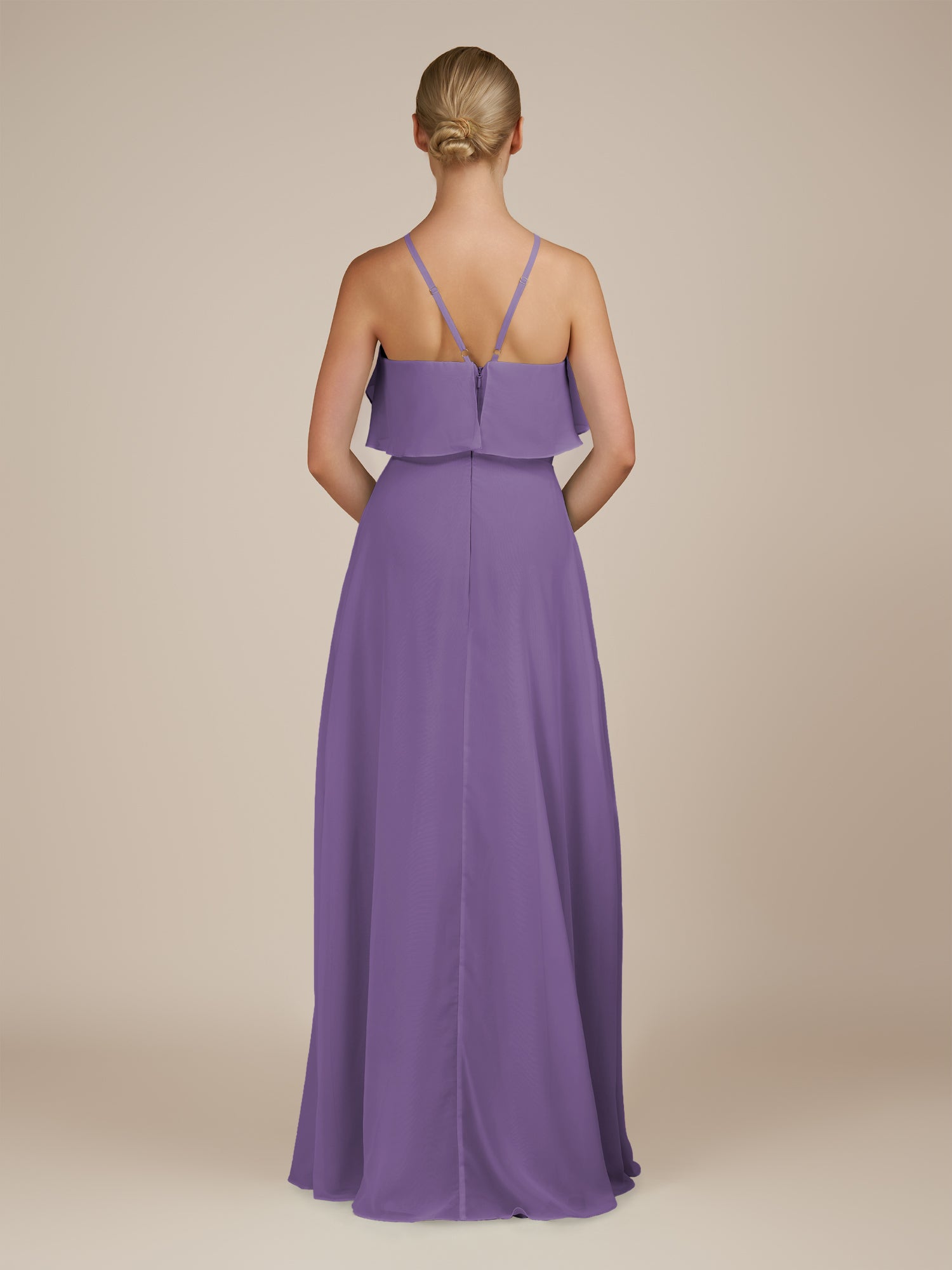 KissDress-Wynne Tahiti A Line Chiffon Halter Neck Ruffled Overlay Long Bridesmaid Dress