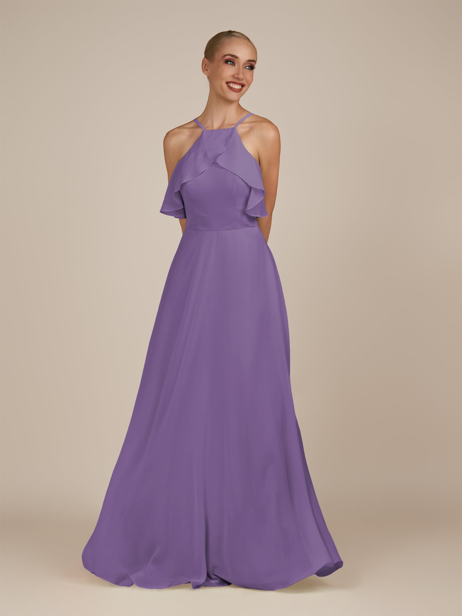 KissDress-Wynne Tahiti A Line Chiffon Halter Neck Ruffled Overlay Long Bridesmaid Dress