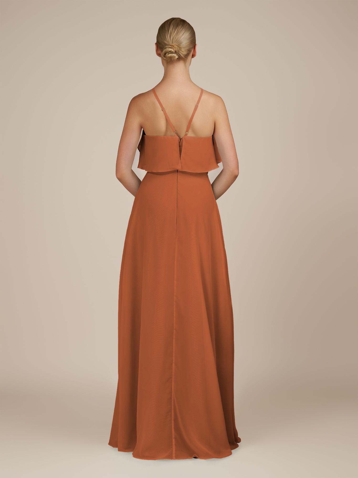 KissDress-Wynne Terracotta A Line Chiffon Halter Neck Ruffled Overlay Long Bridesmaid Dress