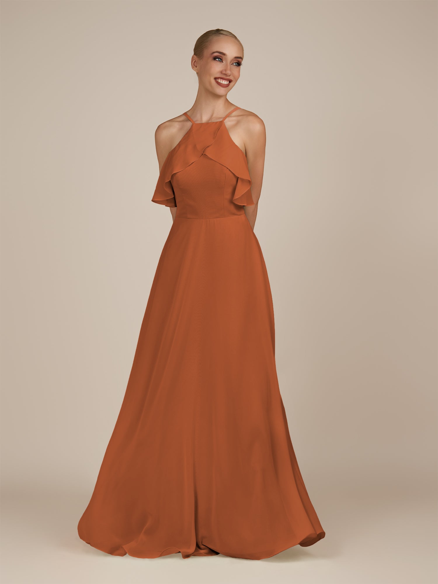 KissDress-Wynne Terracotta A Line Chiffon Halter Neck Ruffled Overlay Long Bridesmaid Dress