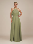 KissDress-Wynne Thyme A Line Chiffon Halter Neck Ruffled Overlay Long Bridesmaid Dress