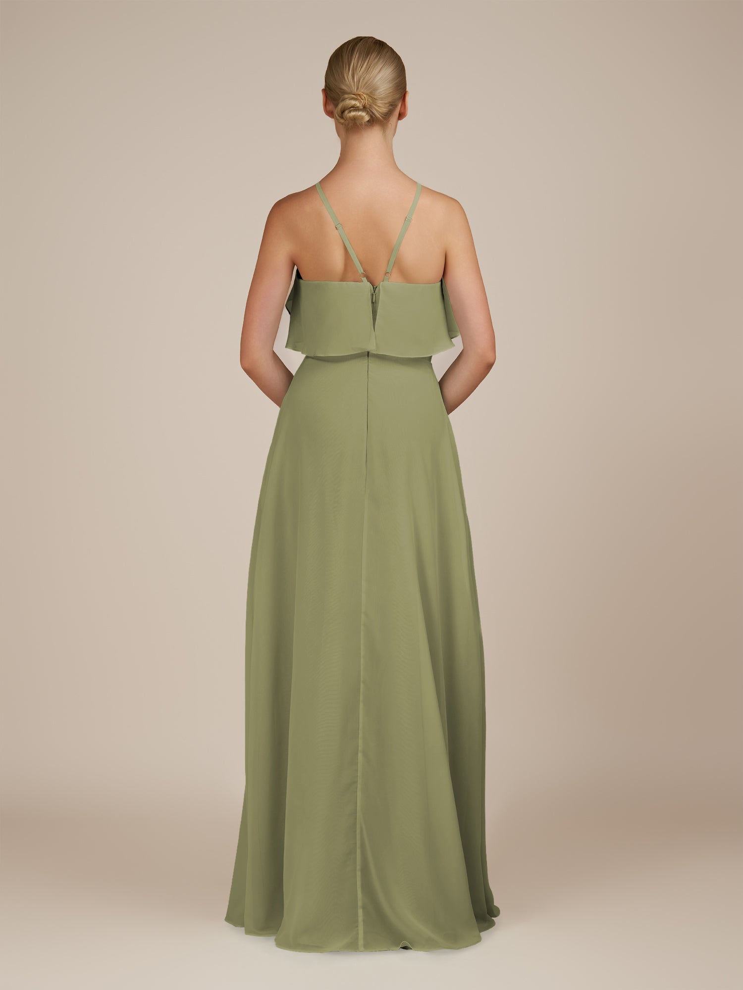KissDress-Wynne Thyme A Line Chiffon Halter Neck Ruffled Overlay Long Bridesmaid Dress