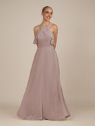 KissDress-Wynne Toffee A Line Chiffon Halter Neck Ruffled Overlay Long Bridesmaid Dress