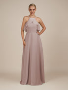 KissDress-Wynne Toffee A Line Chiffon Halter Neck Ruffled Overlay Long Bridesmaid Dress