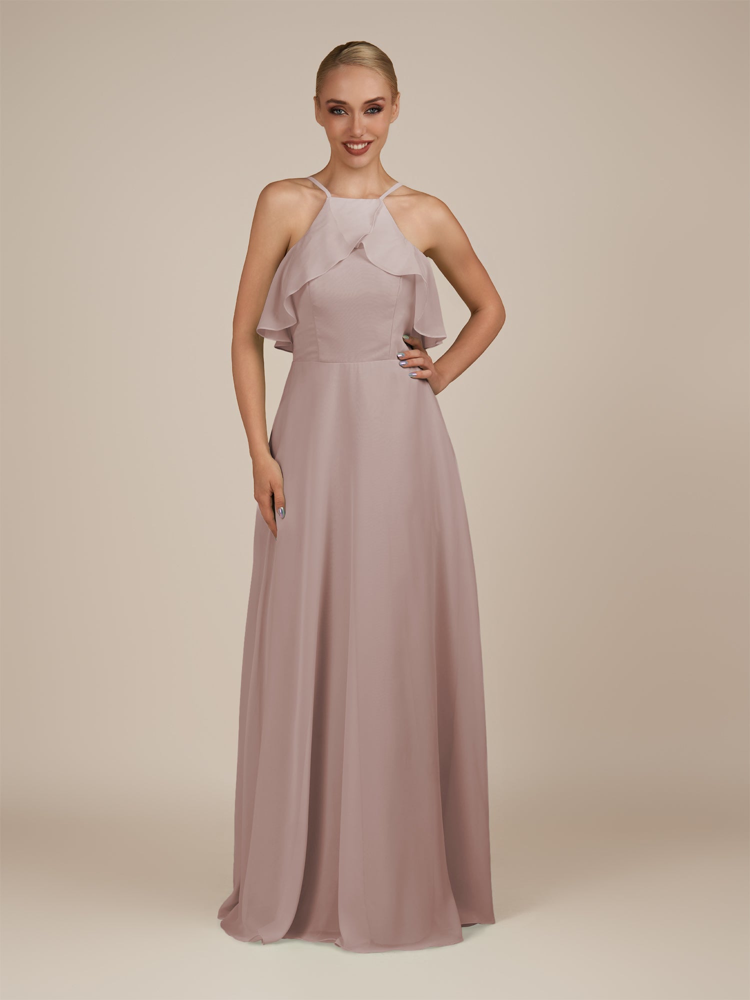 KissDress-Wynne Toffee A Line Chiffon Halter Neck Ruffled Overlay Long Bridesmaid Dress