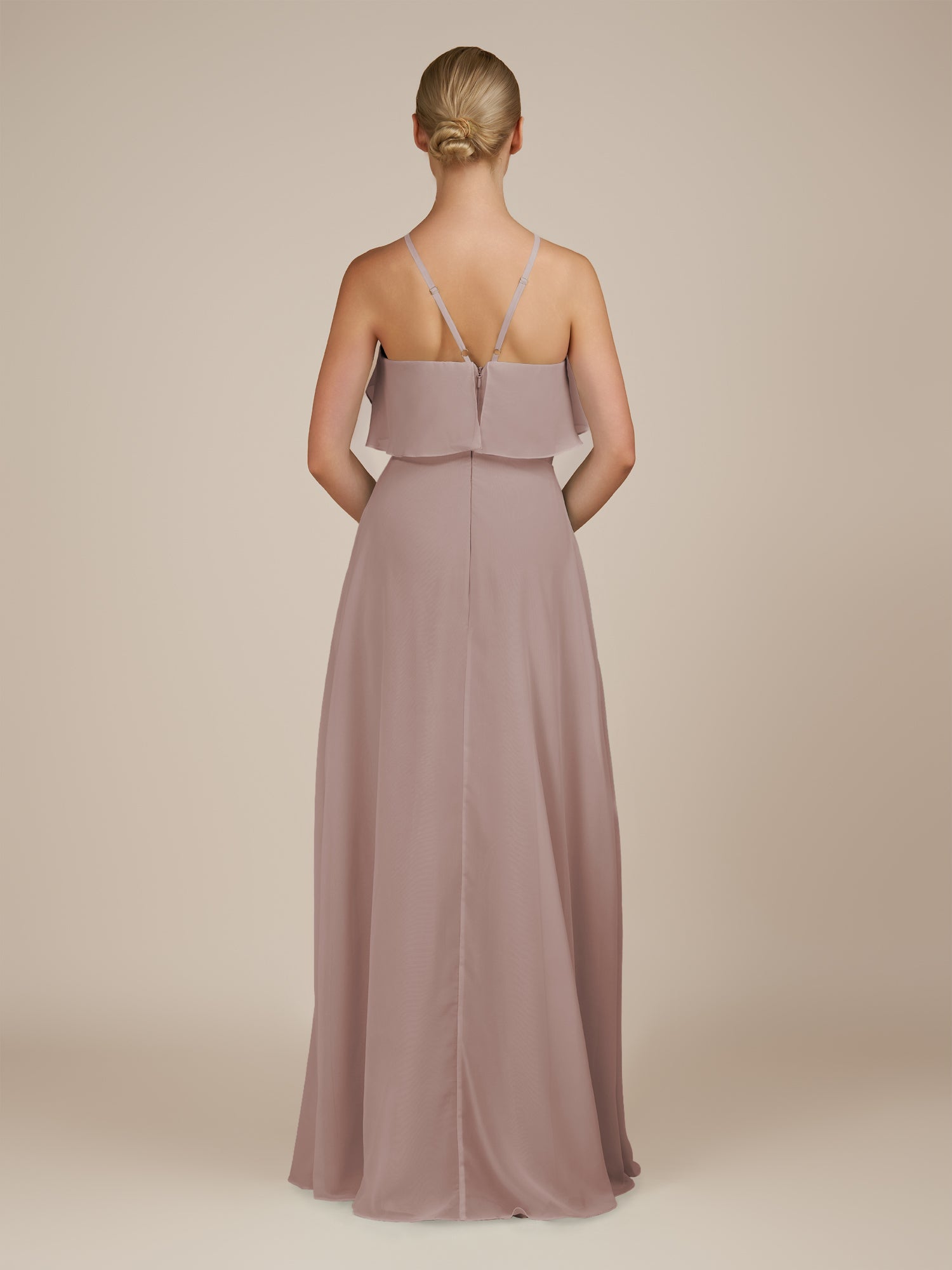 KissDress-Wynne Toffee A Line Chiffon Halter Neck Ruffled Overlay Long Bridesmaid Dress