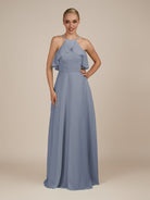 KissDress-Wynne Twilight A Line Chiffon Halter Neck Ruffled Overlay Long Bridesmaid Dress