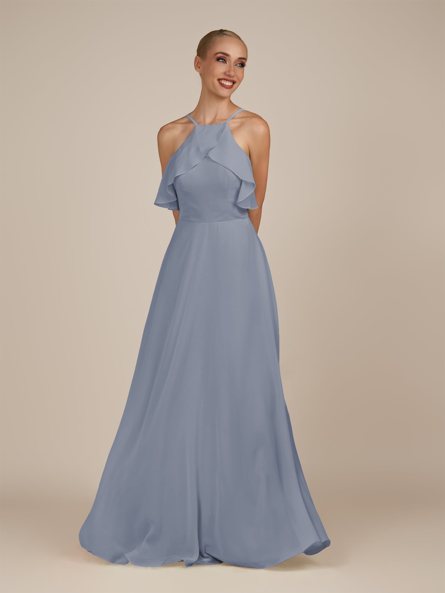 KissDress-Wynne Twilight A Line Chiffon Halter Neck Ruffled Overlay Long Bridesmaid Dress