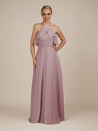 KissDress-Wynne Vintage Mauve A Line Chiffon Halter Neck Ruffled Overlay Long Bridesmaid Dress