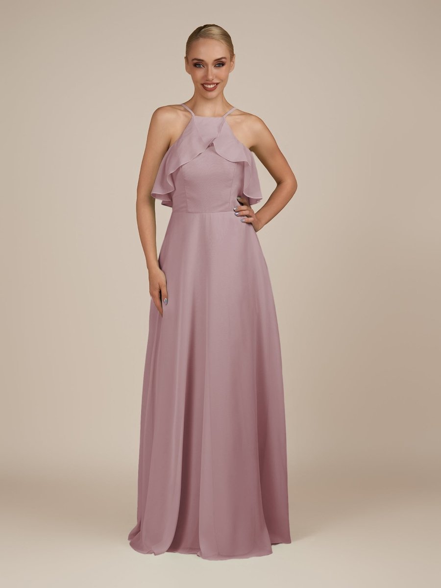 KissDress-Wynne Vintage Mauve A Line Chiffon Halter Neck Ruffled Overlay Long Bridesmaid Dress