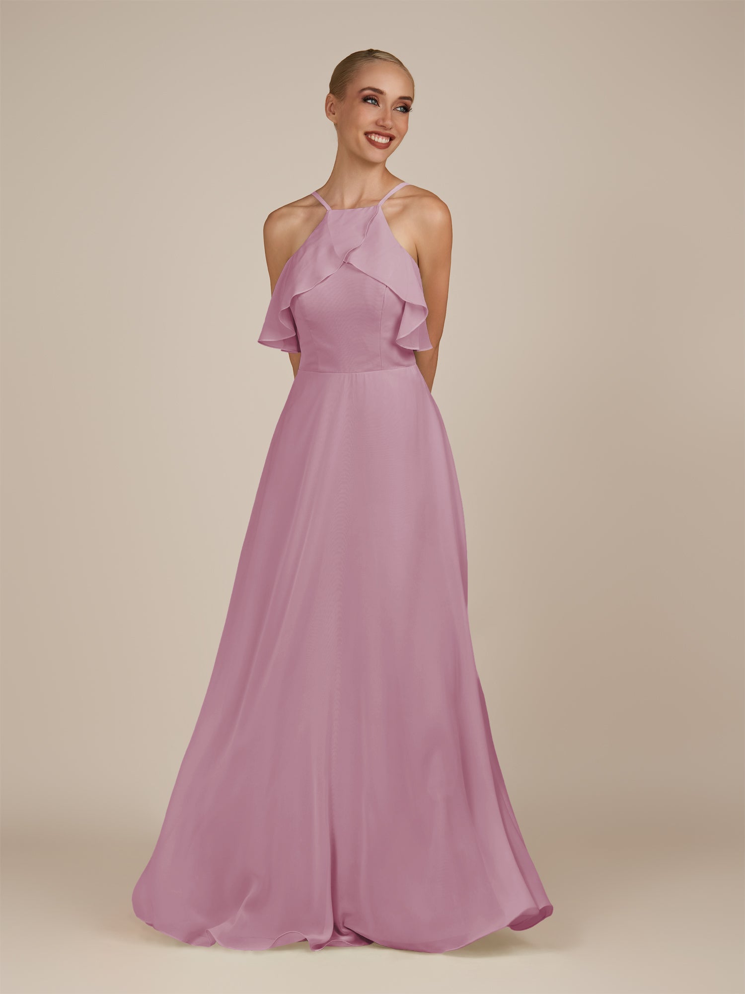 KissDress-Wynne Vintage Mauve A Line Chiffon Halter Neck Ruffled Overlay Long Bridesmaid Dress