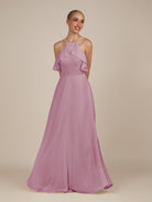 KissDress-Wynne Vintage Mauve A Line Chiffon Halter Neck Ruffled Overlay Long Bridesmaid Dress