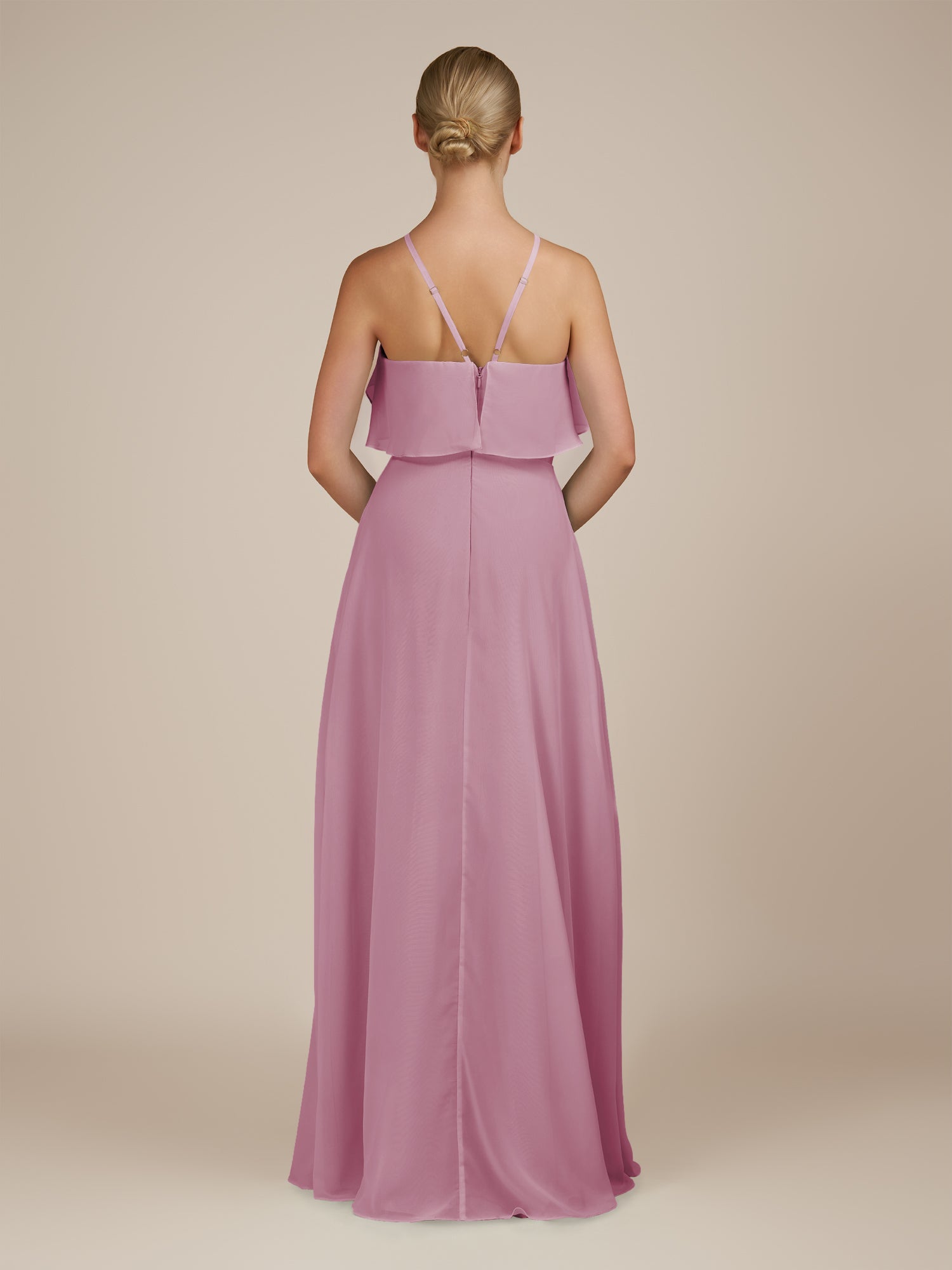 KissDress-Wynne Vintage Mauve A Line Chiffon Halter Neck Ruffled Overlay Long Bridesmaid Dress