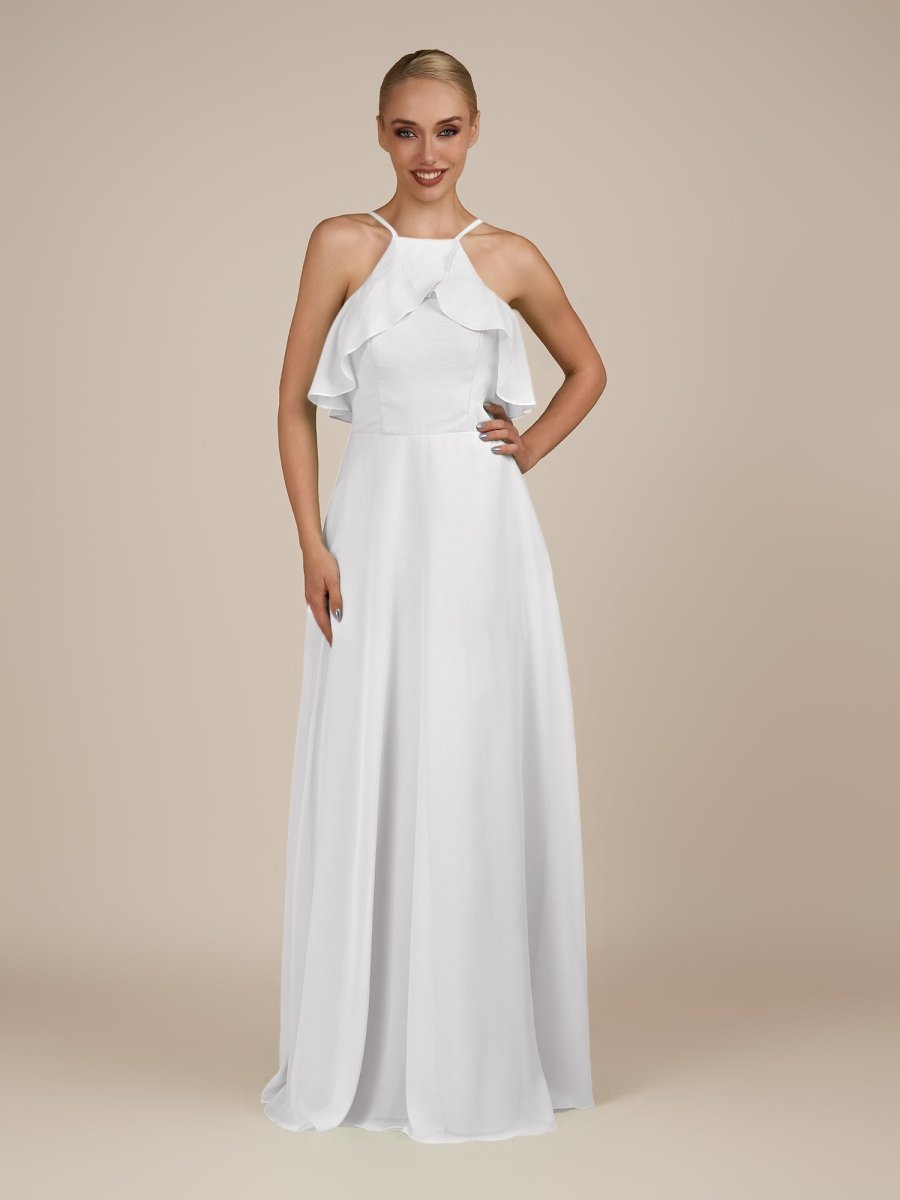 KissDress-Wynne White A Line Chiffon Halter Neck Ruffled Overlay Long Bridesmaid Dress