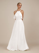 KissDress-Wynne White A Line Chiffon Halter Neck Ruffled Overlay Long Bridesmaid Dress