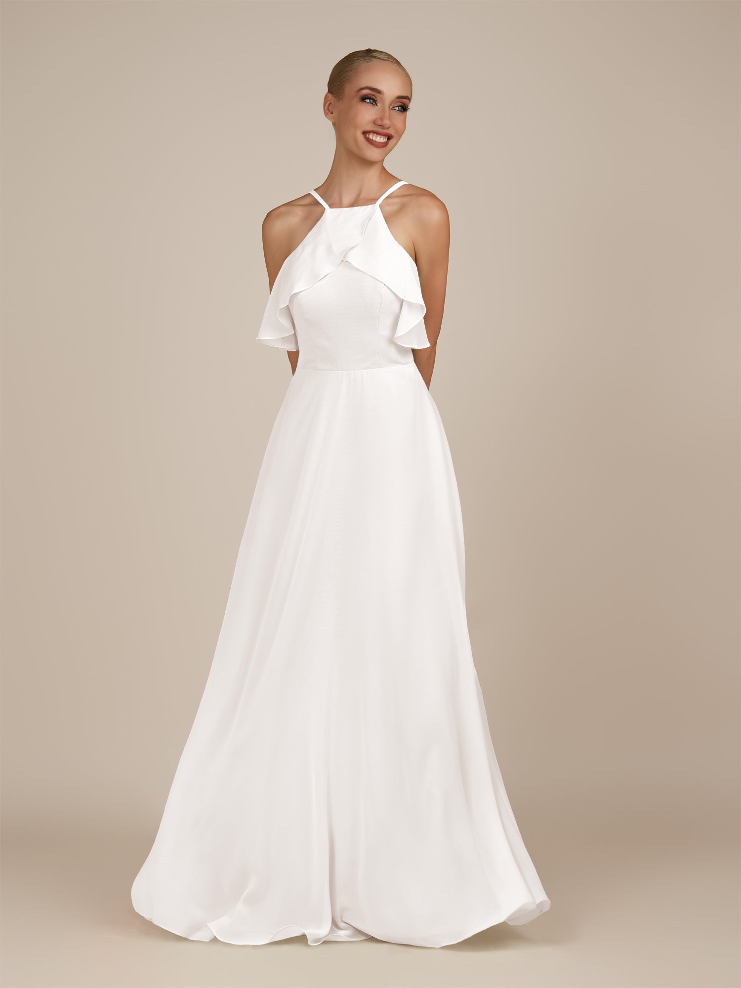 KissDress-Wynne White A Line Chiffon Halter Neck Ruffled Overlay Long Bridesmaid Dress