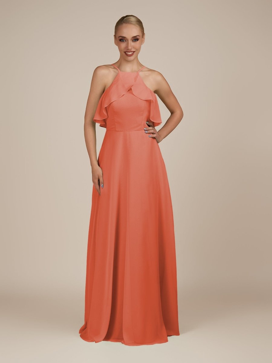 KissDress-Wynne Wild Rose A Line Chiffon Halter Neck Ruffled Overlay Long Bridesmaid Dress