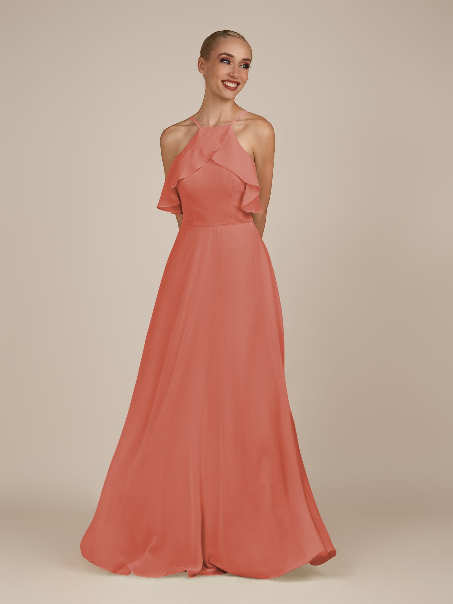KissDress-Wynne Wild Rose A Line Chiffon Halter Neck Ruffled Overlay Long Bridesmaid Dress